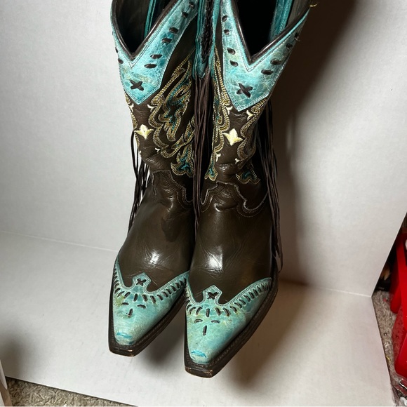 Lucchese Women’s Cowboy Boots 7 B Choc Calf Turquoise Crater Wingtip Fringe - Picture 2 of 6